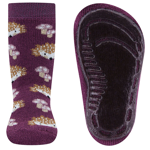 Antislipsokken Ewers Kindermaat - Paars met Egeltjes en Paddenstoelen - Siliconenzool