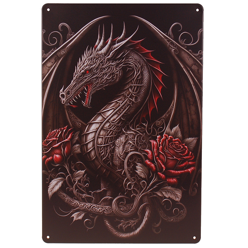 Metalen Plaatje - Oosterse Draak & Rozen Metaalgrijs & Rood - Fantasy - 20x30cm