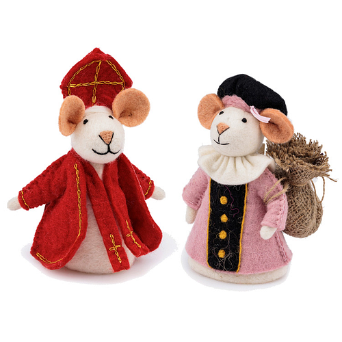 Vilten Sintermuis en  Piet Lichtroze met Jute Zak  -  18cm
