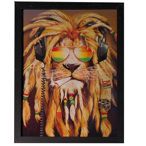 Poster 3D met Lijst - Rasta met Headphone Leeuw/Kat/Hond - 3 Afbeeldingen - 43x33cm