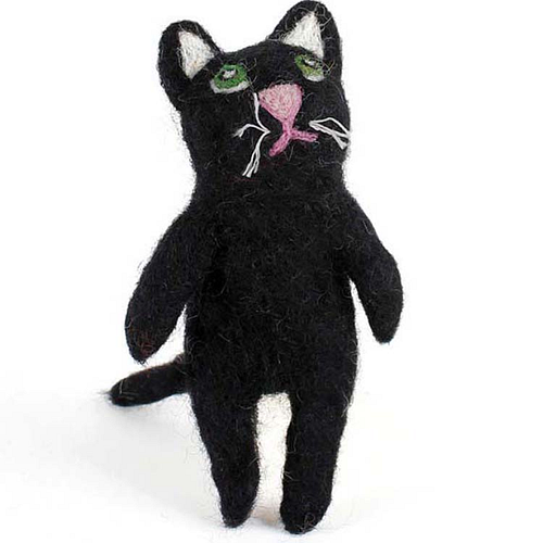 Vilten Vingerpoppetje Kat Zwart met Groene ogen - 16cm