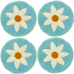 Vilten Onderzetters - Set 4 stuks - Turquoise met Witte Margriet - 10 cm - Fairtrade