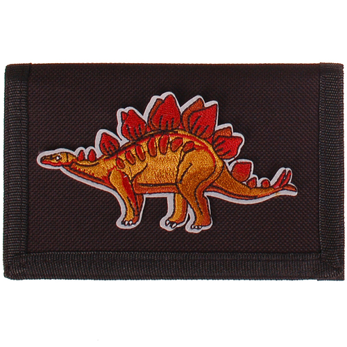Zwarte klittenbandportemonnee 12x9cm - Applicatie dinosaurus Stegosaurus rood/oranje 10x5,5 cm
