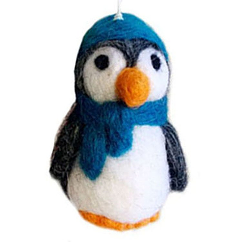 Vilten hanger pinguin met sjaal blauw - 7cm