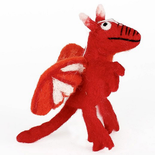 Vilten Vingerpoppetje Draakje Rood met Vleugels - 16cm