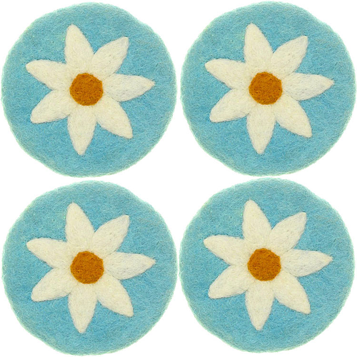 Vilten Onderzetters - Set 4 stuks - Turquoise met Witte Margriet - 10 cm - Fairtrade