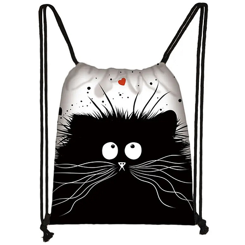 Gymtas/Trekkoordtas - Kat Rood Hartje - Wit&Zwart - Dubbelzijdig - 40x31cm