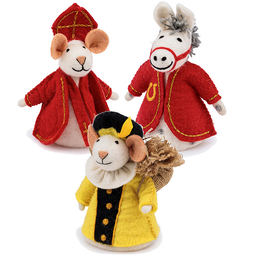 Vilten Sintermuis, Paard en  Piet Geel met Jute Zak  -  18cm