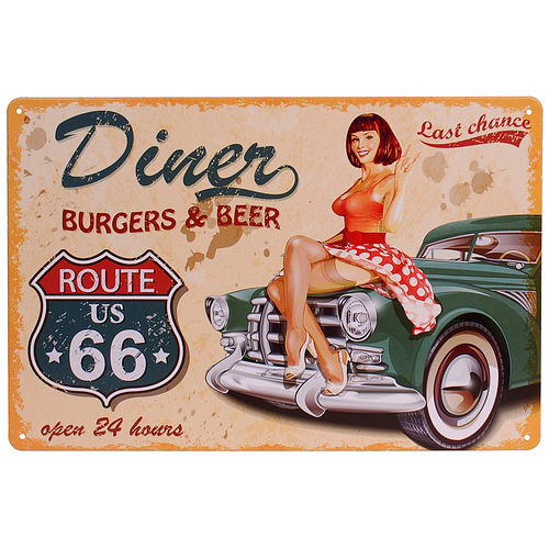 Metalen Plaatje - Route 66 Diner/Burgers/Beer Oldtimer - 20x30cm