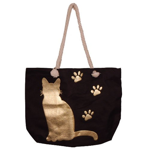 Grote tas met gouden kat - zwart - 53x41cm