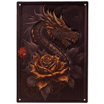 Metalen Wandbord 3D Relief - Zwart & Goudkleur Chinese Draak en Rozen Fantasy - Homedeco - 28x40,5cm