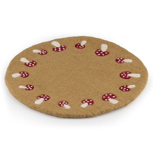 Vilt Onderzetter - Beigebruin - Paddenstoelen Rood/Wit - 35cm - Fairtrade Homedeco