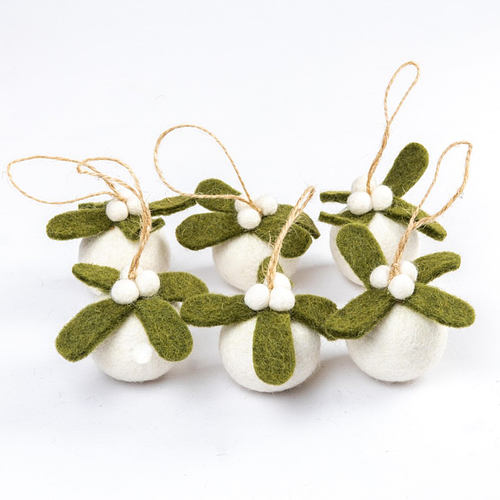 Kerstballen Vilt - Mistletoe Small 3D - Set 6 stuks - 5cm - Groen/Wit - Fairtrade
