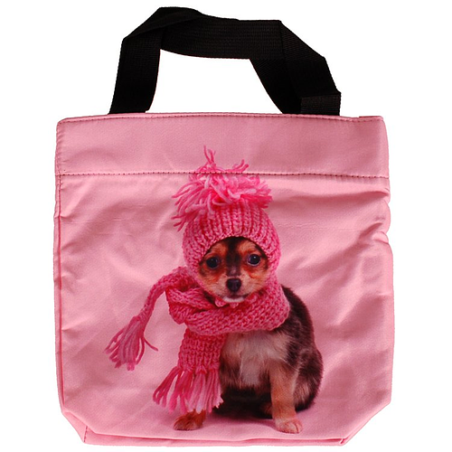 Schoudertasje/Handtasje roze met hondje met sjaal en muts - 21x21cm