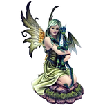 Beeldje Fantasy Boself - Knielend met Draakje - Groen - Medium - Polyresin - 23x13x11cm