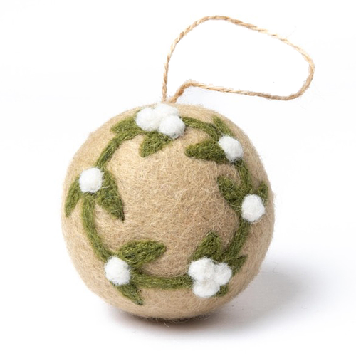 Kerstbal Vilt - Mistletoe Cirkel Large - Beige/Groen/Wit - 8cm - Rond - Fairtrade