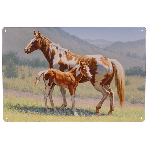 Metalen Plaatje - Paard Western Paint met Veulen - 20x30cm