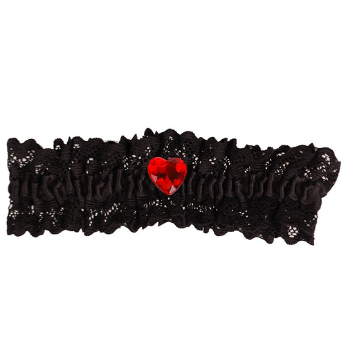 Kousenband grote maat - zwart met kant en rood strass hartje