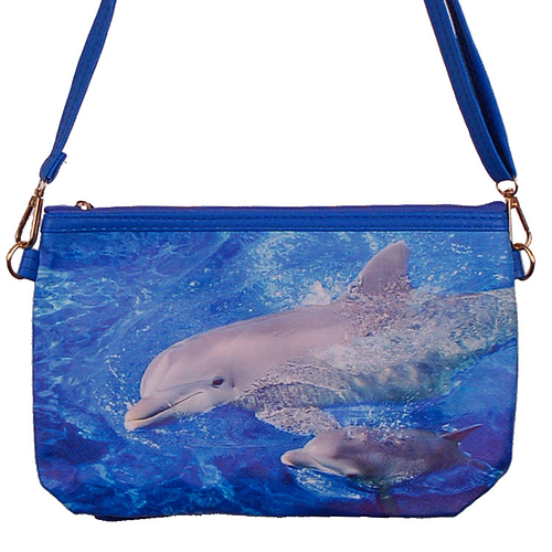 Schoudertasje Dolfijn Blauw - Dolfijn zwemmend met jong - 25x17cm
