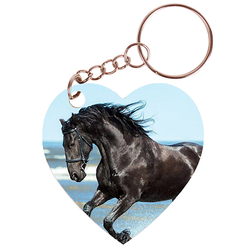 Sleutelhanger hartje 5x5cm - Fries Paard Zwart Galop op Strand