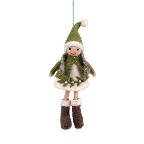 Hanger Vilt Figuurtje Kerst - Meisje met Vlechten Mistletoe - Kerstkleding en Kerstmuts - Groen/Wit - 21cm - Handgemaakt & Fairtrade