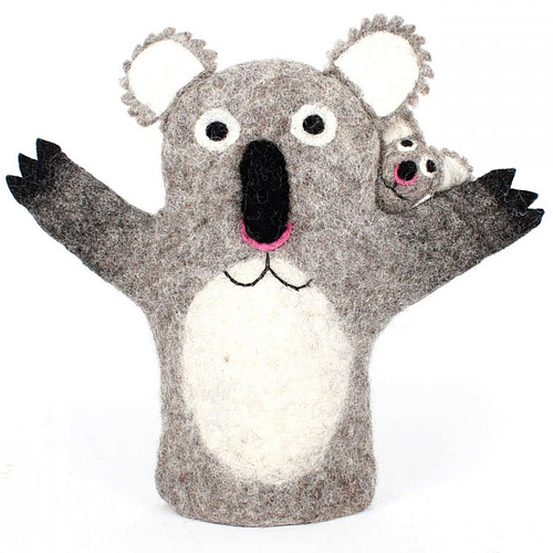 Vilten handpop koala met baby grijs - 28 cm
