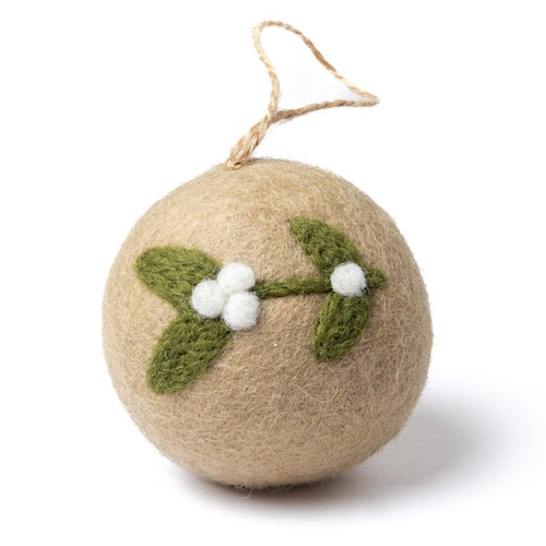 Kerstbal Vilt - Mistletoe Enkel Large - Beige/Groen/Wit - 8cm - Rond - Fairtrade