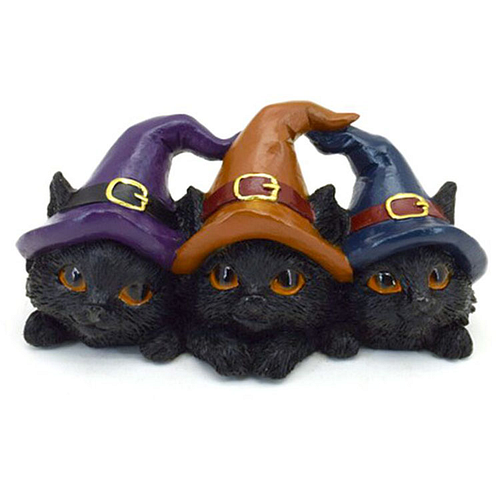 Beeldje - Heksen Katjes Trio Zwart - Fantasy Mutsen Paars&Lichtbruin&Donkerblauw - 7,5x6x15cm