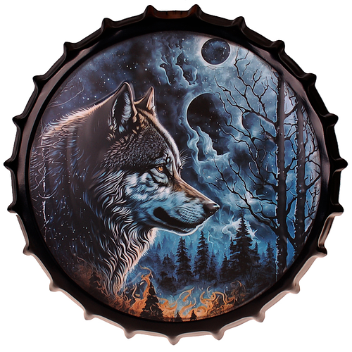 Bierdop/Kroonkurk - Wolf Nachtelijk Bos - Metalen Wanddecoratie - 40cm