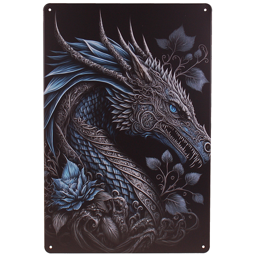 Metalen Plaatje - Oosterse Draak Metaalgrijs en Staalblauw - Fantasy - 20x30cm