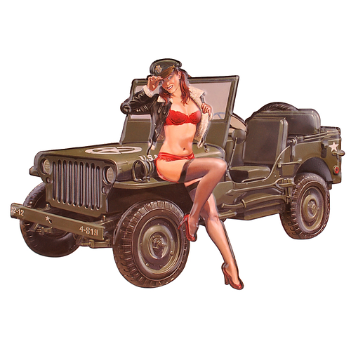 Metalen Bord reliëf - Willy Jeep met ARMY Pin-Up Girl - 40x28cm