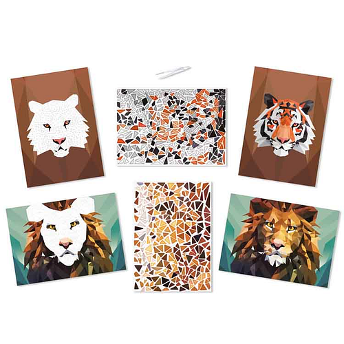 Knutselset - Tijger & Leeuw - 2 Kaarten - Stickers Plakken op Nummer - Stickermozaiek - A4 Formaat
