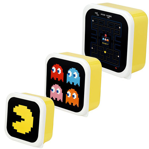 Lunchbox Pac-Man set 3st M/L/XL Geel Doosje Zwarte Deksel 