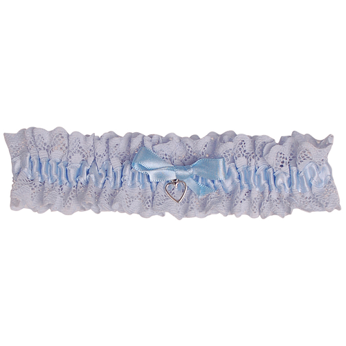 Kousenband Blauw Broderie - blauw strikje en zilverkleurig hartje