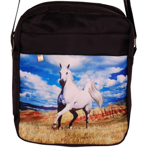 schoudertasje zwart met wit paard in veld - 19x19x4cm