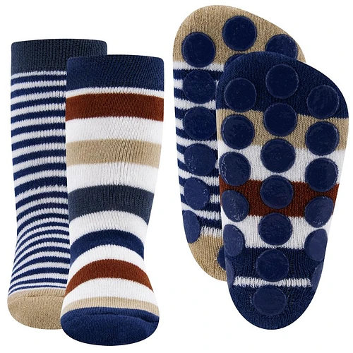 Dubbelpak Antislipsokken met Noppen - Blauw/Wit/Oranjebruin Gestreept