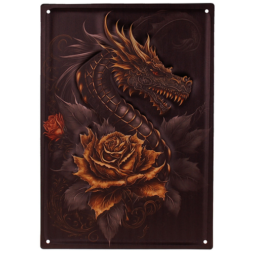 Metalen Wandbord 3D Relief - Zwart & Goudkleur Chinese Draak en Rozen Fantasy - Homedeco - 28x40,5cm
