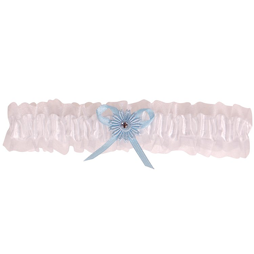 Kousenband grote maat - wit met blauw bloemetje en strass