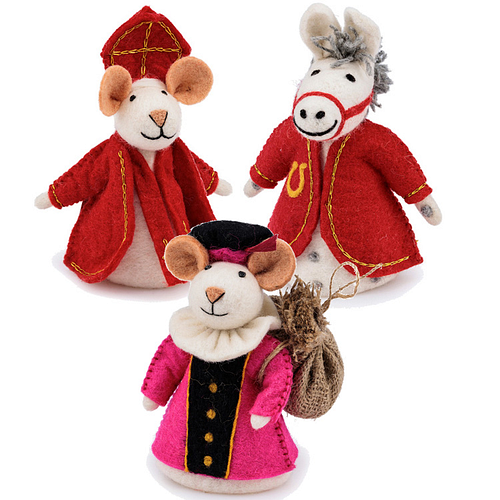 Vilten Sintermuis, Paard en  Piet Fuchsia met Jute Zak  -  18cm