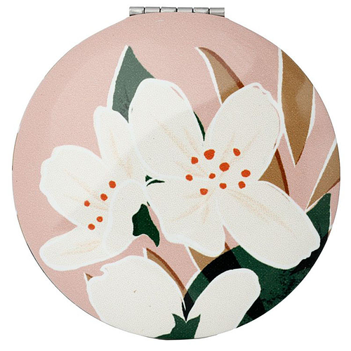 Compact Make Up Spiegeltje Florens met Witte Bloemen - Roze - 6,5cm
