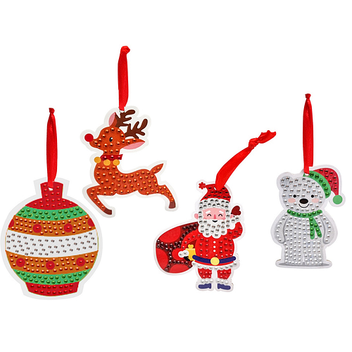 Knutselset Diamond Painting - Kerst Hangers - Kerstbal/Rendier/Kerstman/IJsbeer - incl Lintjes - 8cm