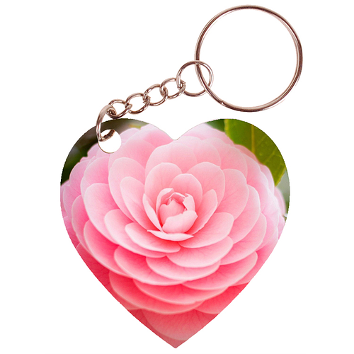 Sleutelhanger hartje 5x5cm - Roze Japanse Roos - Camellia Japonica