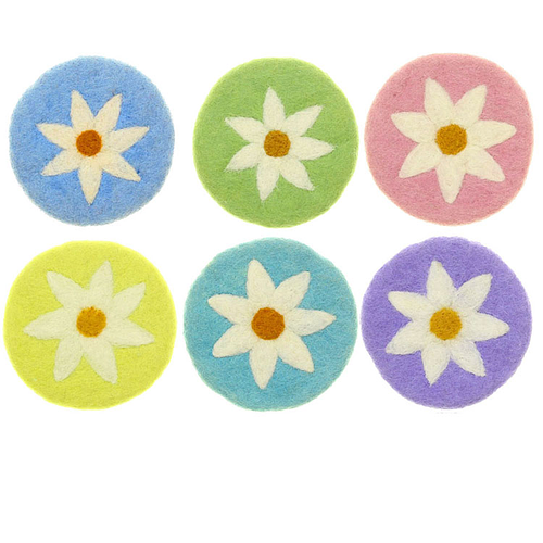 Vilten Onderzetters - Set 6 stuks - Diverse Kleuren met Witte Margriet - 10 cm - Fairtrade