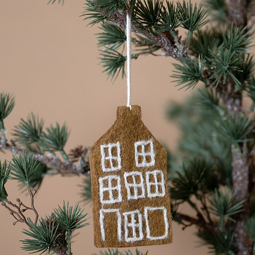 Hanger Vilt - Grachtenhuisje Tuitgevel Geborduurd - Gingerbread - 11x6cm - Karamelbruin/Wit - Fairtrade