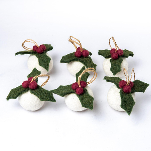 Kerstballen Vilt - Hulst / Holly Berry Small 3D - 5cm - Set 6 stuks - Rond -Fairtrade