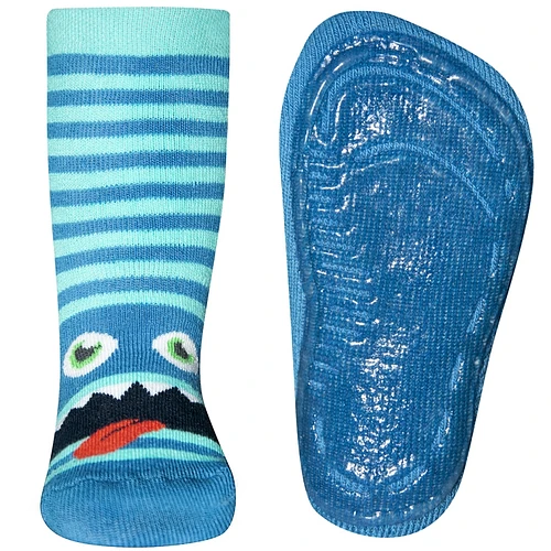 Antislipsok blauw gestreept met monsterkop