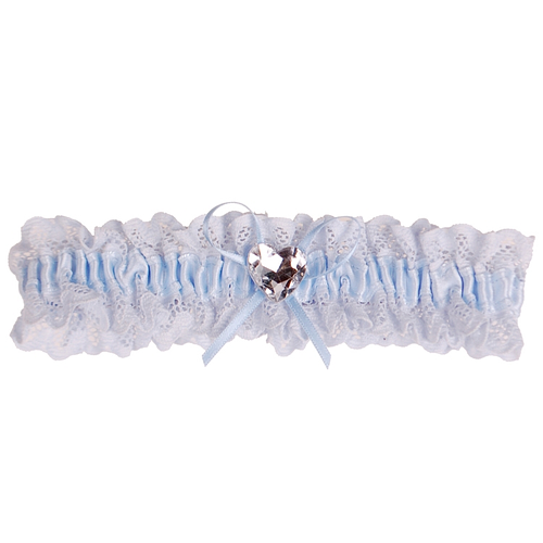Kousenband blauw kant met strikje en strass hartje