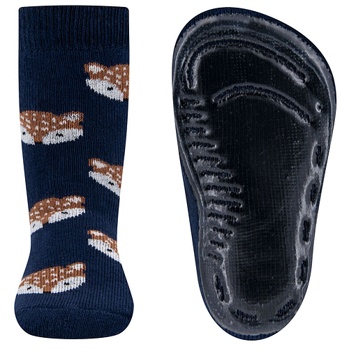 Antislipsokken Ewers Kindermaat - Donkerblauw met Vosjes Hoofd Bruin & Wit - Siliconenzool