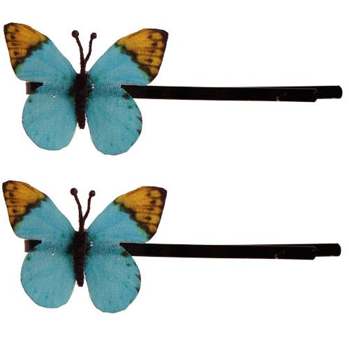 Schuifspeldjes stoffen vlindertje turquoise/geel - 4 cm 