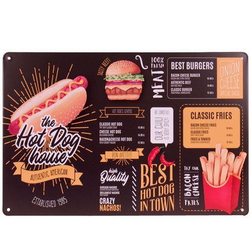 Metalen plaatje Hot Dog House - Hamburger en Hot Dog menu - 31x21 cm 